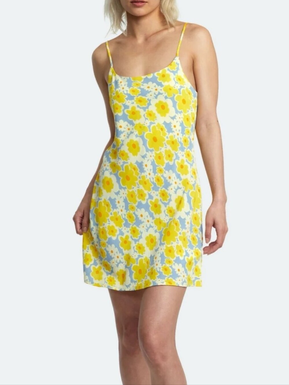 RVCA Yellow & Blue Daisy Floral Spaghetti Strap Mini Dress NWT